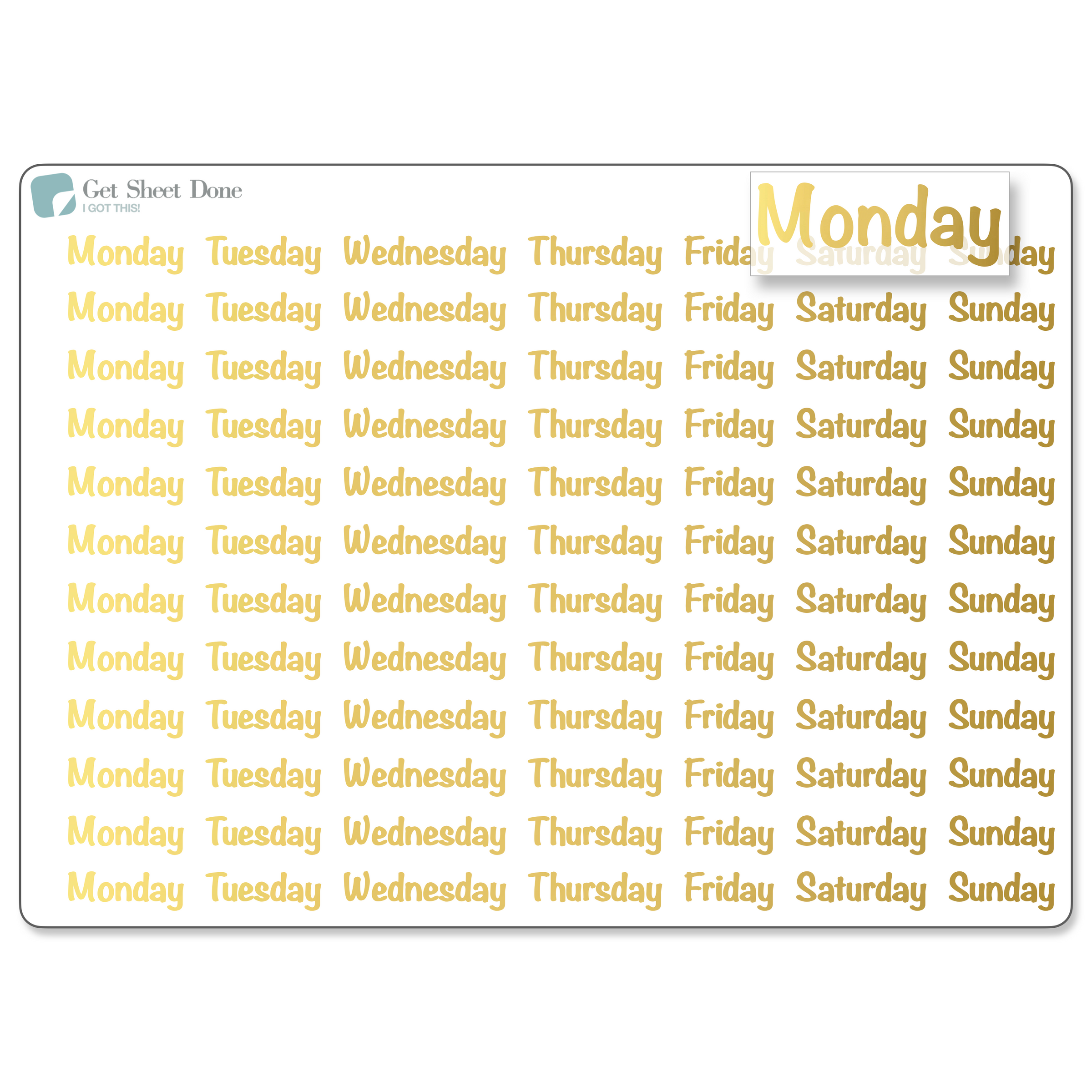 Foiled Week Stickers - Font B